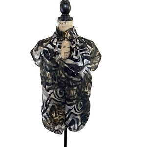 Kische Women's Blouse Size Small‎ Black Tan Abstract Print Short Sleeve Top